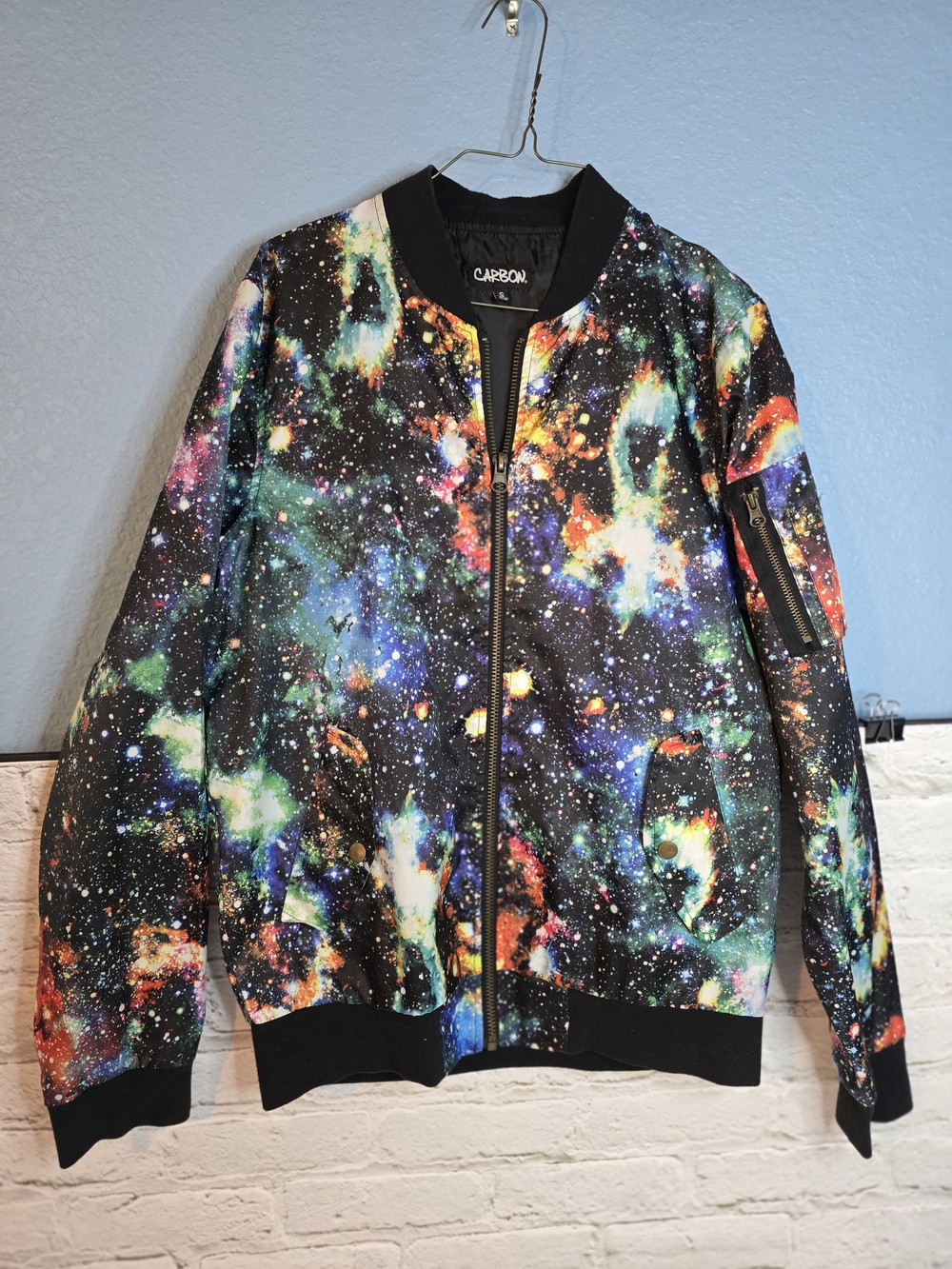 Carbon Men’s Galaxy-Print Bomber Jacket - Black with Multi Sz S